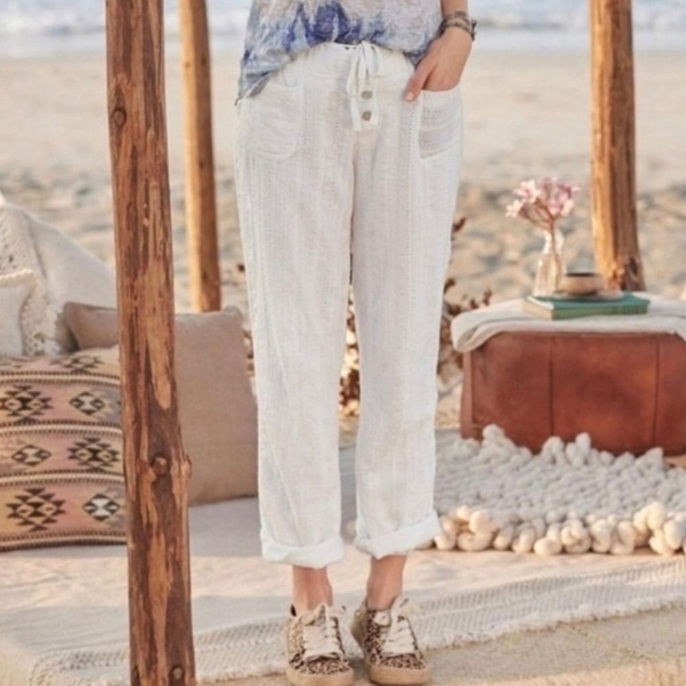 Sundance Gigi White Eyelet Button Front Drawstring Lined Pants NWT